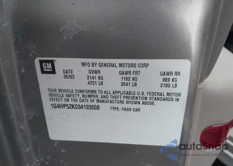 2003 Buick Lesabre Custom z USA, uszkodzony, nr VIN 1G4HP52K034193608